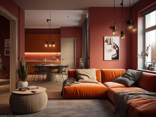 Wall Mural - Stylish modern living room with crimson and terracotta accents