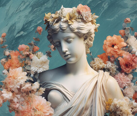 Canvas Print - Collage with antique female sculpture and flowers. AI generated image.