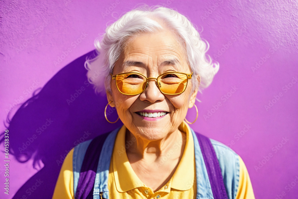 Portrait of an old asian woman with blonde hair and sunglasses on ...