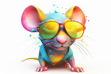 Cartoon Colorful Rat With Sunglasses On White Background. Created With Generative AI