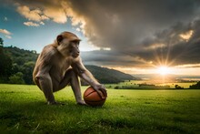 Monkey Playing Basketball In The Ground Generative AI
