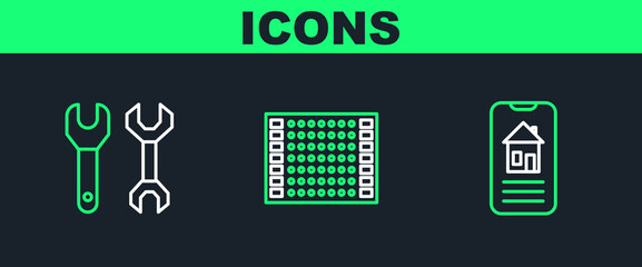 Poster - Set line Smart home, Spanner and Printed circuit board PCB icon. Vector