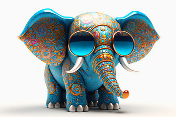 Wall Mural - cartoon colorful elephant with sunglasses on white background. created with generative ai