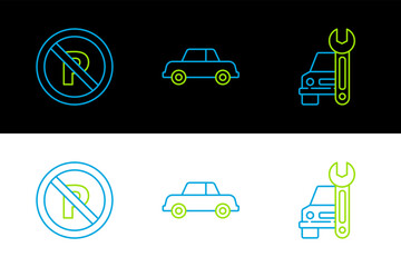 Sticker - Set line Car service, No Parking or stopping and icon. Vector