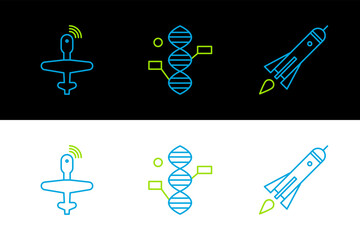 Wall Mural - Set line Rocket ship with fire, UAV Drone and DNA symbol icon. Vector