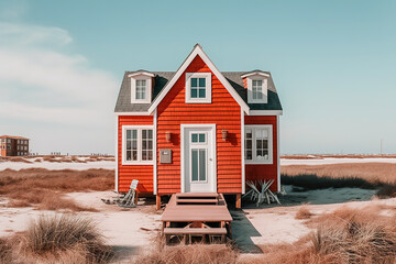 Wall Mural - Surreal tiny house. A small red house sitting on top of a sandy beach. Generative AI.