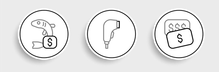Poster - Set line New price tag dollar, Price for fish and Scanner scanning bar code icon. Vector