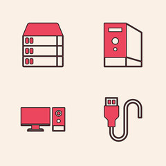 Poster - Set USB cable cord, Server, Data, Web Hosting, Case of computer and Computer monitor icon. Vector