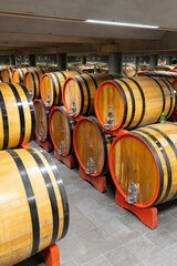 Wall Mural - wine cellar full of wooden barrels in Barolo, Piedmont, Italy