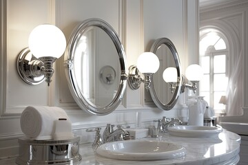 Canvas Print - modern bathroom with three sinks and three mirrors Generative AI