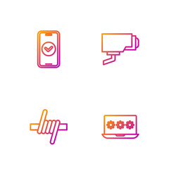 Sticker - Set line Laptop with password, Barbed wire, Smartphone and Security camera. Gradient color icons. Vector