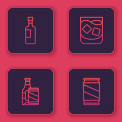 Poster - Set line Wine bottle, Beer and beer can, Glass of whiskey and . Blue square button. Vector