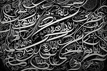 Arabic calligraphy wallpaper on a white wall with a black interlocking background subtitles 