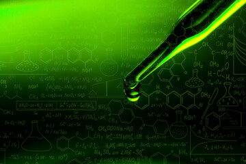 Wall Mural - macro science experiment pipette surface, top macro view of chemical droplet injecting oil into clea