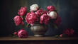 A beautiful photograph of peonies in an antique vase AI Generated Image