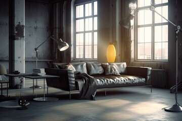 Wall Mural - cozy living room with a comfortable couch and a warm lamp Generative AI