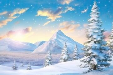 Wall Mural - winter landscape with snow-covered mountains and trees Generative AI