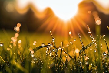 Poster - sunlit field with dew-covered grass Generative AI