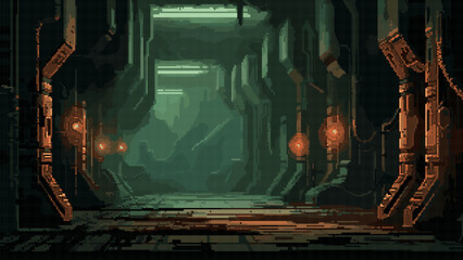 Poster - pixel art game level background, 8 bit, dungeon, underground arcade video game, catacomb, dark scene, alien ship interior, vector illustration