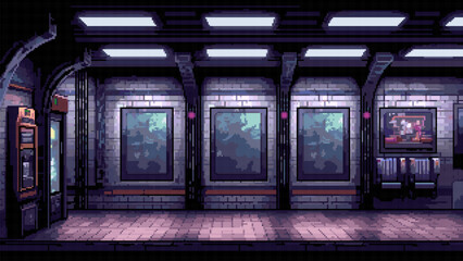 Poster - pixel art game level background, 8 bit, subway, underground arcade video game, train station, dark scene, vector illustration