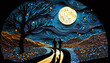 Couple walking on moonlit path