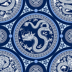 Seamless pattern happy chinese new year 2024 the dragon zodiac sign with asian elements paper cut style on color background. ( Translation : happy new year 2024 year of the dragon )