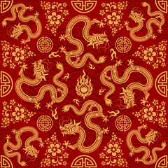 Seamless pattern happy chinese new year 2024 the dragon zodiac sign with asian elements paper cut style on color background. ( Translation : happy new year 2024 year of the dragon )