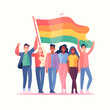 © lola - LGBT community. Group of happy people at LGBTQ pride with flags. Sexual freedom and love diversity concept. Flat illustration isolated on white background. Generative AI