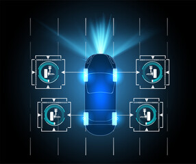 Poster - Driving suspension work control system without driver assistance. Safe driving. Vector Futuristic car user interface HUD UI Hologram of the car, scanning. Abstract virtual graphic touch user interface