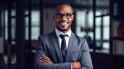 Wall Mural - Smiling confident mature black businessman looking at camera standing in office. Elegant stylish corporate leader successful ceo executive manager wearing glasses. Generative ai