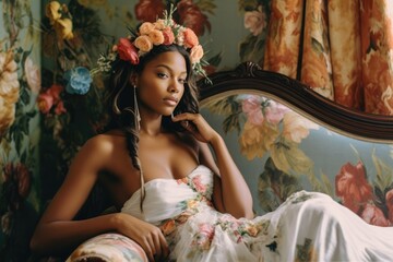 young beautiful black woman in a wedding dress and decorative flowers. Generative AI