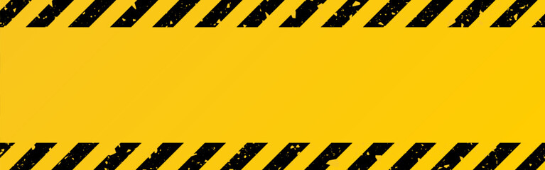Hazard texture. Yellow and black template. Warning with diagonal stripes. Construction border design. Industrial banner with attention symbol. Vector illustration