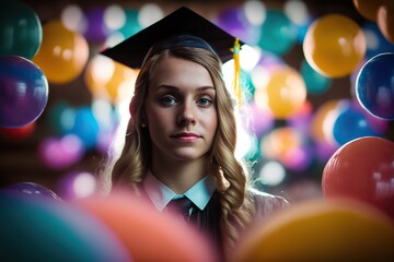 Wall Mural - Academic portrait of a girl on her graduation day, studio photo session. AI generated.