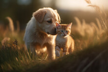 Generative AI Image Of A Cute Puppy And Kitten In A Field.