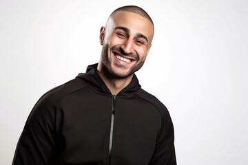 Portrait of a smiling young man in a black hoodie on a white background