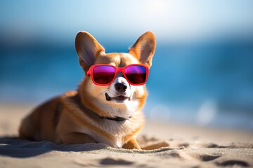 Wall Mural - a corgi dog posing on the beach while wearing red sunglasses. Generative AI