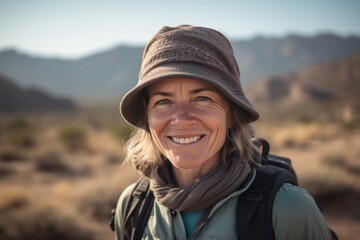 Wall Mural - Portrait of smiling hiker woman in the desert on a sunny day