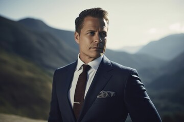 Wall Mural - Portrait of a handsome man in a suit against the background of the mountains