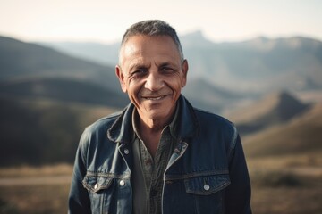 Wall Mural - Portrait of a smiling mature man standing in the middle of the mountains