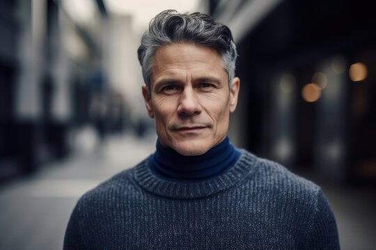 Lifestyle portrait photography of a pleased man in his 40s wearing a cozy sweater against a modern architectural background. Generative AI
