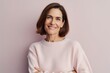 © Hanne Bauer - Medium shot portrait photography of a satisfied woman in her 40s wearing a cozy sweater against a pastel or soft colors background. Generative AI