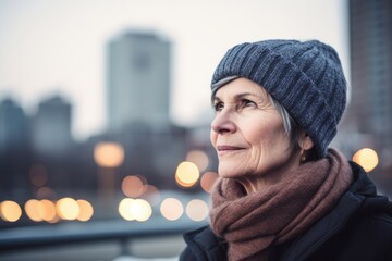 Wall Mural - Portrait of a beautiful senior woman in the city at winter time