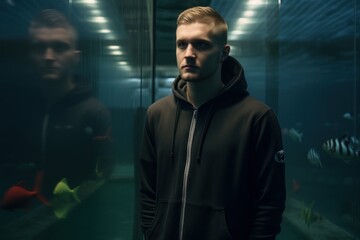 Handsome young man in a black hoodie with a hood standing in an aquarium