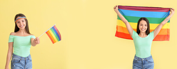 Poster - Young woman with LGBT flag on color background