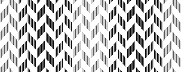 Poster - Herringbone seamless pattern. Black and white chevron background. Repeating zigzag texture with lines. Textile fabric print design swatch. Vector illustration and wallpaper template