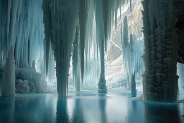 Sticker - Stalactites and stalagmites formed strange and otherworldly shapes, like frozen pillars that defied explanation. Generative AI