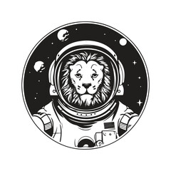 Wall Mural - clip art lion astronaut, vintage logo line art concept black and white color, hand drawn illustration