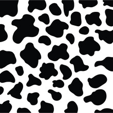 Seamless Black And White Cow Pattern, Doodle Style. Cow Texture Pattern. Animal Skin Template. Spot Background. Vector Design Illustration. Random Bovine Spots Hand Drawn Design.  