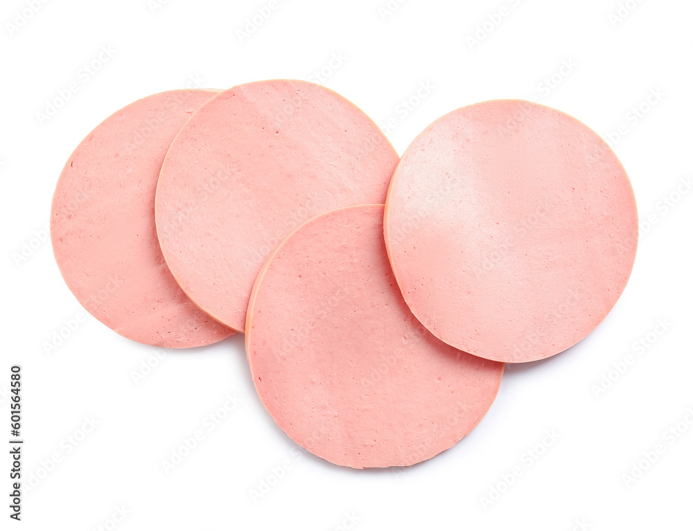 Slices of tasty boiled sausage on white background