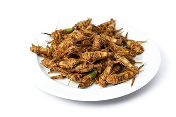 A plate of fried locusts isolated on a white background. Generative AI